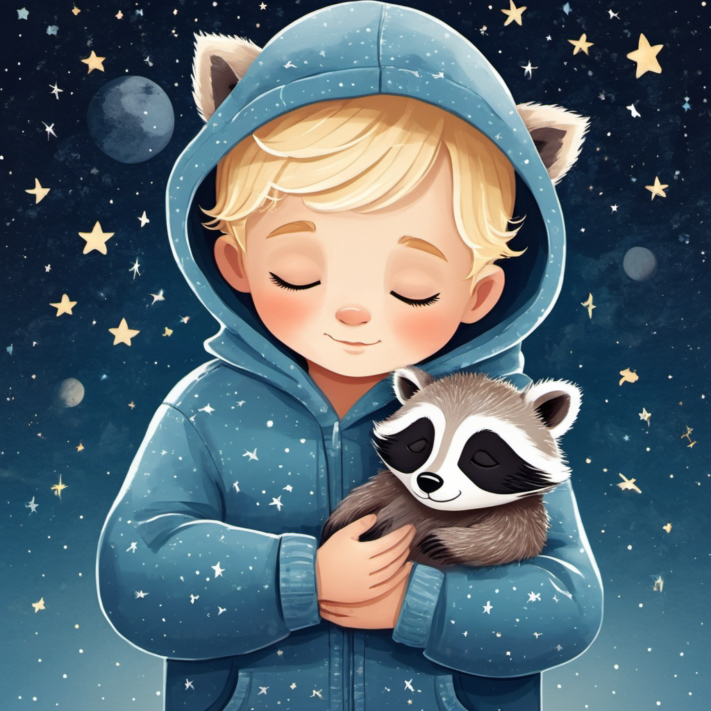 00002-1982578424-illustration, children's book, simple art of a sleeping toddler boy with short wavy blonde hair wearing a hoodie, holding a sing.png